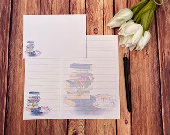 Juego de escritura A5 de Books & Coffee, correo postal, correo postal, amigo por correspondencia, papelería personalizada, juego de cartas, papel y sobres A5 para escribir, papel para notas