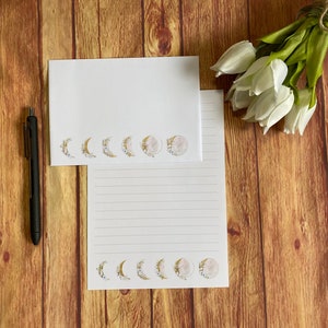 Juego de escritura Boho Moon Phases A5, correo postal, Happy Post, amigo por correspondencia, papelería personalizada, juego de cartas, sobres para juego de escritura A5, papel para notas