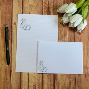 Juego de escritura A5 con diseño de gato floral, correo postal, Happy Post, amigo por correspondencia, papelería personalizada, juego de cartas, sobres para juego de escritura A5, papel para notas