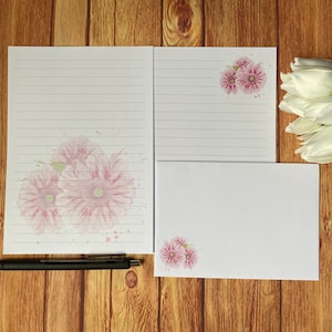 Juego de escritura A5 con gerberas rosas, juego de escritura, floral, amigo por correspondencia, papelería personalizada, juego de cartas, papel y sobres para escribir A5, papel para notas