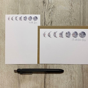 Juego de 10 tarjetas de notas personalizadas con fases lunares tamaño A6, sobres, juego de regalo, juego de escritura, papelería personalizada, juego de cartas, papel para notas, tarjeta de agradecimiento