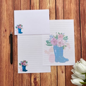 Juego de escritura Floral Wellies A5, correo postal, Happy Post, amigo por correspondencia, papelería personalizada, juego de cartas, papel y sobres para escribir A5, papel para notas