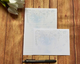 Blue Falling Flowers A5 Writing Set, Snail Mail, Happy Post, Penpal, Custom Stationery, Letter Set, A5 Writing Set Envelopes, Note Paper