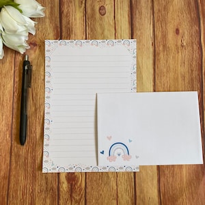 Set da scrittura A5 con bordo arcobaleno blu, posta ordinaria, Happy Post, Penpal, cancelleria personalizzata, set di lettere, set da scrittura A5, buste, carta per appunti