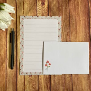 Set da scrittura A5 con bordo papavero, posta ordinaria, posta felice, amico di penna, cancelleria personalizzata, set di lettere, set da scrittura A5, buste, carta per appunti
