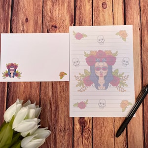 Juego de escritura de calavera y rosa, tamaño A5, correo postal, Happy Post, amigo por correspondencia, papelería personalizada, juego de cartas, papel y sobres para escribir, tamaño A5, papel para notas