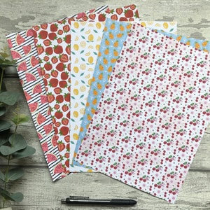 Carta a fantasia Fruity 5 fogli A4, scrapbooking, creazione di buste, artigianato, carta da lettere, amico di penna, carta per appunti, posta ordinaria, cancelleria