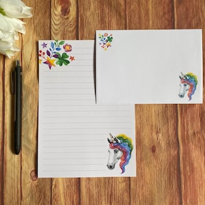 Juego de escritura A5 Rainbow Unicorn, correo postal, Happy Post, amigo por correspondencia, papelería personalizada, juego de cartas, papel y sobres para escribir A5, papel para notas