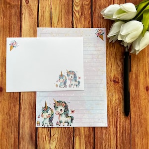 Schattige eenhoorns A5-schrijfset, slakkenpost, Happy Post, penvriendje, briefpapier op maat, brievenset, briefpapier en enveloppen A5, notitiepapier