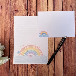 Juego de escritura A5 con arcoíris y pájaros, correo postal, Happy Post, amigo por correspondencia, papelería personalizada, juego de cartas, papel y sobres para escribir A5, papel para notas