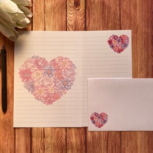 Juego de escritura Floral Heart A5, correo postal, Happy Post, amigo por correspondencia, papelería personalizada, juego de cartas, papel y sobres para escribir A5, papel para notas