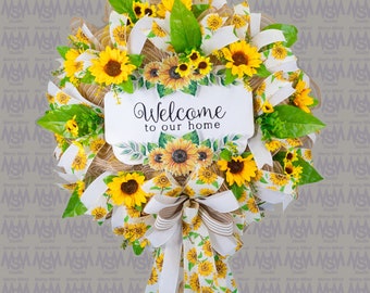 Welcome wreath, Spring Summer wreath, farmhouse wreath, sunflower wreath, front door, door hanger, floral, 26". W40128A