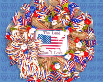 4th of July wreath, patriotic wreath, flag wreath, Independence Day, USA, front door, door hanger, summer, gift 24" W20605A