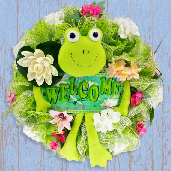 Frog Wreath Good Luck Welcome Floral Lily Pad Spring Etsy
