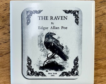 White Tile Coaster with Laser Engraved Image - The Raven by Edgar Allan Poe
