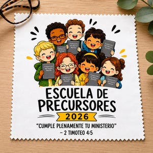May include: A white square microfiber cloth with pinked edges featuring a cartoon illustration of seven diverse children holding books titled Traduccíon del Nuevo Mundo. Below, the text reads ESCUELA DE PRECURSORES 2026 CUMPLE PLENAMENTE TU MINISTERIO 2 TIMOTEO 4:5.