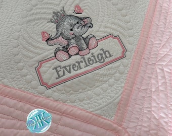 Personalized baby quilt blanket, embroidered quilt, elephant heirloom quilted blanket, personalized embroidery blanket, baby blanket
