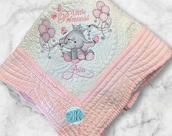 Personalized baby quilt blanket, embroidered quilt, elephant  heirloom quilted blanket, personalized embroidery blanket, baby blanket