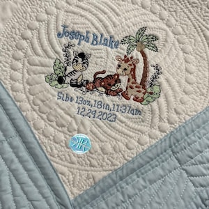 Personalized baby quilt blanket, embroidered quilt, safari heirloom quilted blanket, personalized embroidery blanket, baby blanket