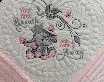 Personalized baby quilt blanket, embroidered quilt, ellie the elephant, heirloom quilted blanket, personalized embroidery blanket, baby