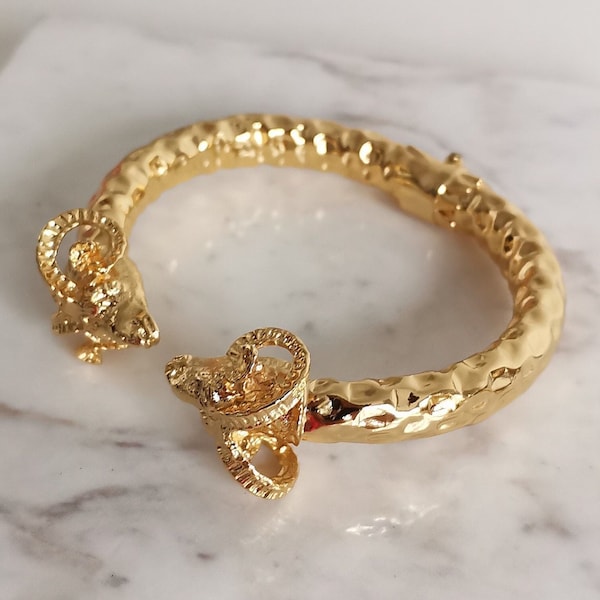 Gold Plated Vintage Ram Head Bracelet On Brass // Woman Greek Cuff Bracelet // Aries Bangle Bracelets // African / Egyptian Bracelet Jewelry