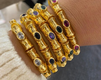 Gold Plated Handmade Bracelet With Stone// Woman Cuff Bracelet // Bangle Bracelets // Bracelets On Brass / Egyptian Bracelet Jewelry