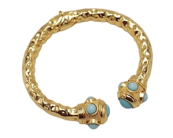 Gold Plated Handmade Bracelet With Blue Stone// Woman Cuff Bracelet // Bangle Bracelets // Bracelets On Brass / Egyptian Bracelet Jewelry