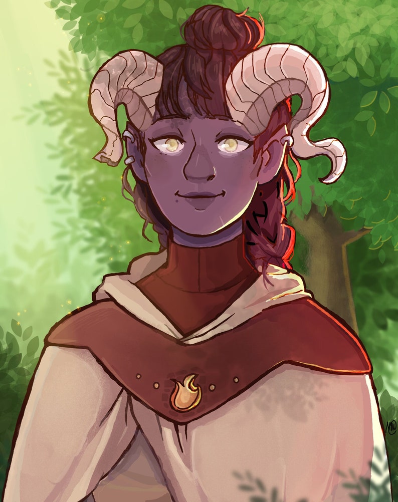 May include: A digital painting of a fantasy character with purple skin, horns, and a white robe with a brown collar and a flame symbol. The character has long, dark red hair tied up in a bun and yellow eyes.
