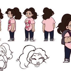 May include: A cartoon illustration of a young person with brown skin and dark brown hair. The person is wearing a pink shirt with a pink bow and a lollipop graphic. The person is shown in different poses, including standing, sitting, and looking at the viewer. The illustration is in a cartoon style with simple lines and bright colours.