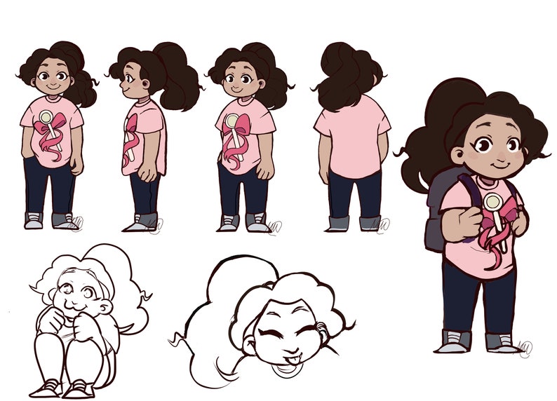 May include: A cartoon illustration of a young person with brown skin and dark brown hair. The person is wearing a pink shirt with a pink bow and a lollipop graphic. The person is shown in different poses, including standing, sitting, and looking at the viewer. The illustration is in a cartoon style with simple lines and bright colours.