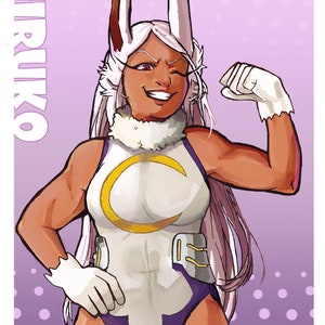 May include: A woman with white bunny ears and long white hair is wearing a white and purple costume with a yellow crescent moon on the chest. The background is a purple and white polka dot pattern. The text "MIRUKO" is in white letters on a purple background.