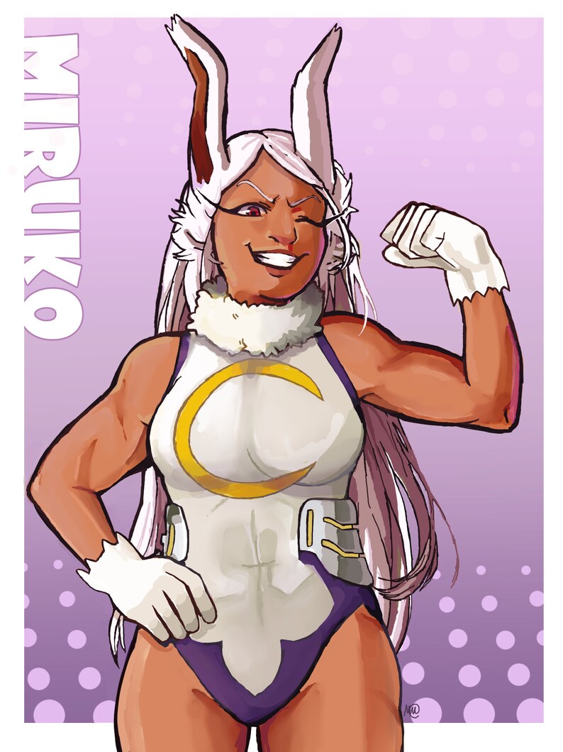 May include: A woman with white bunny ears and long white hair is wearing a white and purple costume with a yellow crescent moon on the chest. The background is a purple and white polka dot pattern. The text "MIRUKO" is in white letters on a purple background.
