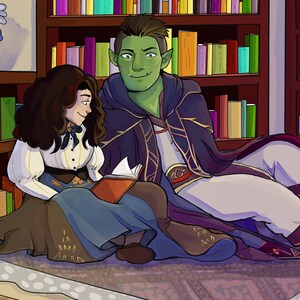 May include: A green-skinned humanoid wearing a purple cloak and a human woman are sitting on a rug in a library. They are both reading a book. The library has bookshelves filled with books.