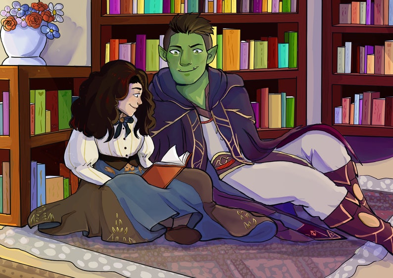 May include: A green-skinned humanoid wearing a purple cloak and a human woman are sitting on a rug in a library. They are both reading a book. The library has bookshelves filled with books.
