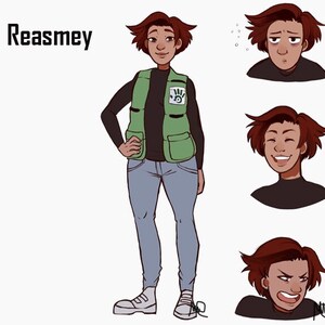 May include: A character design illustration of a person named "Reasmey". The character is a woman with brown hair, wearing a green vest over a black shirt, blue jeans, and white trainers. The illustration includes three different facial expressions of the character.