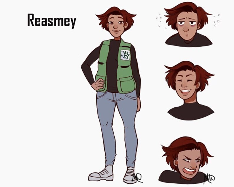 May include: A character design illustration of a person named "Reasmey". The character is a woman with brown hair, wearing a green vest over a black shirt, blue jeans, and white trainers. The illustration includes three different facial expressions of the character.