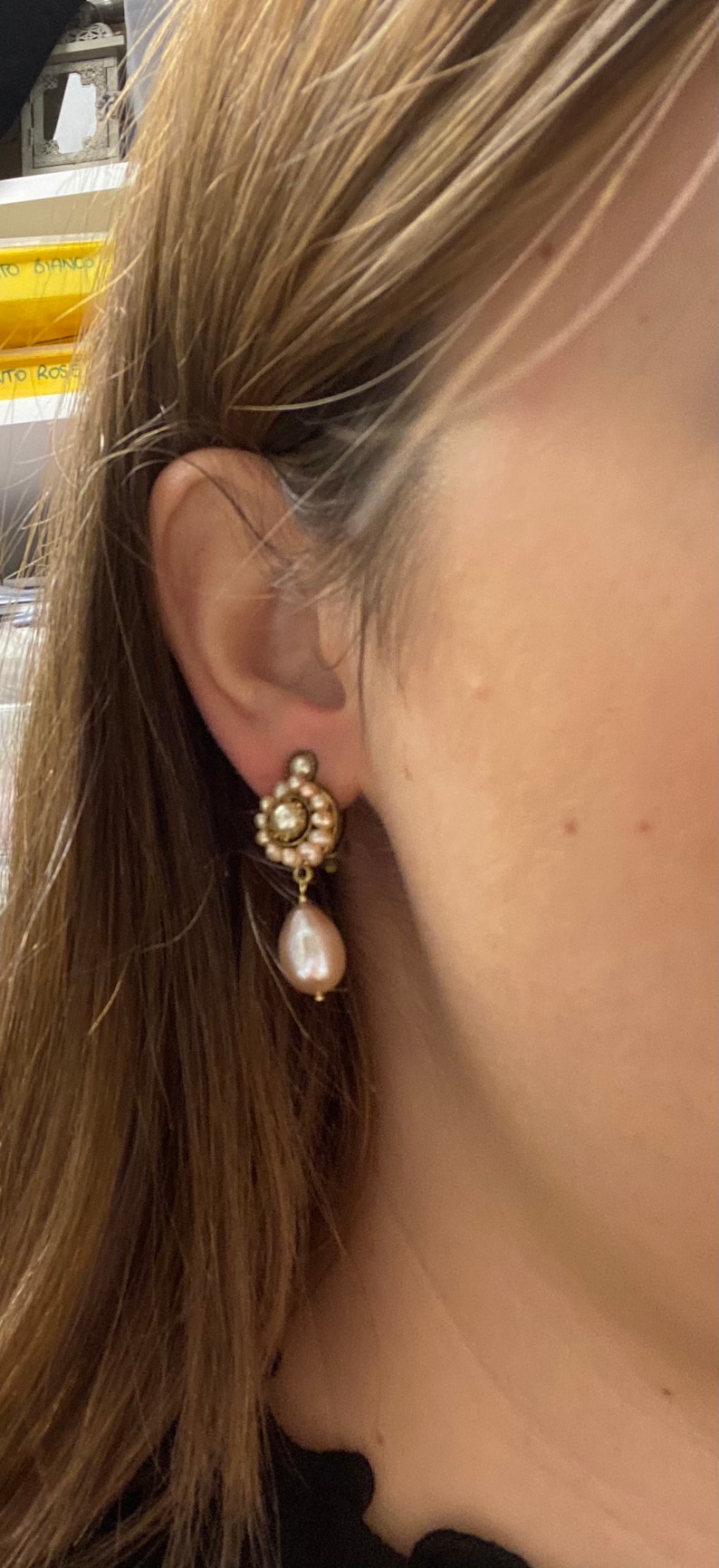 Flower lobe earrings with clips micro pearls and drops of pink pearls