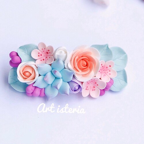Polymer Clay Hair Barrette Head Piece Pastel Color Flowers Etsy