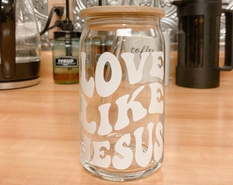 Groovy Love Like Jesus! - Glass Cups with Bamboo Lid and Glass Straw