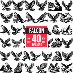 Puede incluir: Un conjunto de 40 ilustraciones vectoriales en blanco y negro de halcones en varias poses. Las ilustraciones son de estilo vintage y son perfectas para usar en manualidades, diseños y otros proyectos creativos. El texto "FALCON 40 DESIGNS" se muestra en un cuadro rojo.