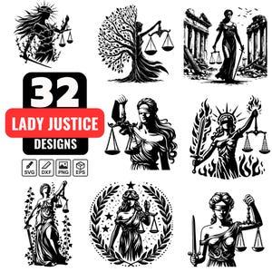 May include: A set of 32 black and white vector illustrations of Lady Justice, a symbol of the legal system. The illustrations feature Lady Justice holding scales, a sword, and other legal symbols. The illustrations are perfect for use in legal documents, websites, and other materials.
