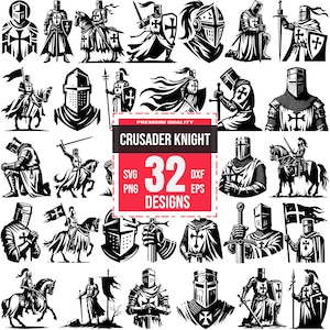 May include: A collection of 32 black and white Crusader Knight designs. The images include knights in full armor, on horseback, and holding swords and shields. The designs are in SVG, PNG, DXF, and EPS formats.