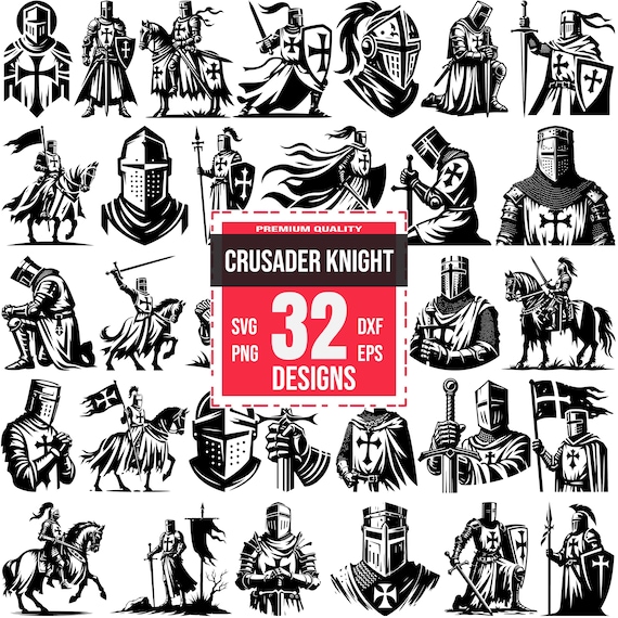 Crusader Knight SVG Bundle, Medieval Warrior PNG, Templar Helmet DXF, Knight on Horse Vector, Holy Warrior Clipart, Battle Armor