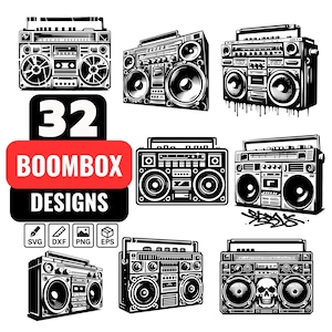 Pacchetto SVG Boombox retrò con 32 design vintage di Ghetto Blaster per magliette, adesivi, poster, taglio CNC e vinile