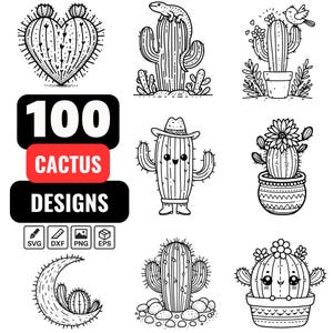 Paquete de 110 cactus SVG: Imágenes prediseñadas de plantas desérticas lindas, vectores de suculentas y macetas, plantas desérticas kawaii, estilo mexicano, suculentas lindas