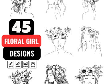 Floral Girl Svg Bundle, Woman With Flowers Svg,Flower Girl Line Art,Boho Woman Portrait,Flower Crown Svg,Floral Head Clipart,Botanical Woman