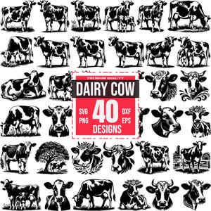 40 Dairy Cow SVG Bundle, Farm Cow PNG, Rustic Cow DXF, Vintage Livestock Clipart, Cattle Head Vector, Milk Cow Design