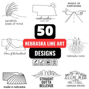 Puede incluir: Una colección de 50 diseños de arte lineal de Nebraska en formatos SVG, DXF, PNG y EPS. Los diseños incluyen ilustraciones del paisaje, los puntos de referencia y frases del estado, como "sandhills state of mind" y "Straight Outta Bellevue."