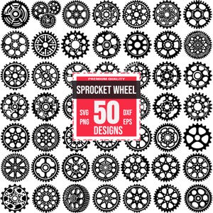 May include: A collection of 50 sprocket wheel designs in black and white. The designs vary in style and complexity, with a red and white sign that reads "Sprocket Wheel" and "50 Designs". Includes SVG, PNG, DXF, and EPS file formats.