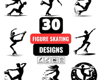May include: A collection of 30 figure skating designs in black and white. The designs include silhouettes of skaters in various poses, including jumps and lifts. The text "FIGURE SKATING DESIGNS" is displayed in red and black. File formats include SVG, DXF, PNG, and EPS.